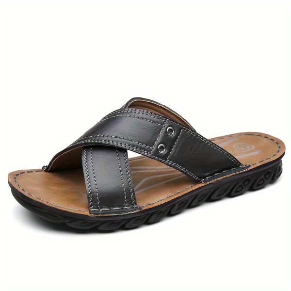 Plus Size Men's Open Toe Breathable Cross Straps Slippers, Comfy Non Slip Rubber Sole Top Grain Leather Upper Beach Water Shoes, Summer - Image 3