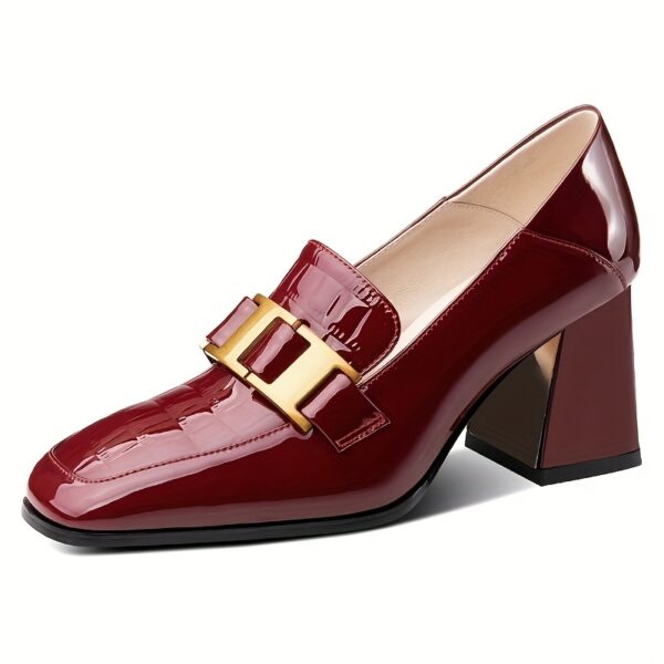 Women's Burgundy Synthetic Cover Block Heel Pumps - Round Toe Comfortable Mid Heel Shoes with Golden Buckle Straps, Versatile for Office & Evening Wear, Evening Wear Heels, Sleek Shoe Design, Durable Rubber Sole - Image 8