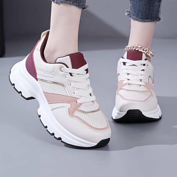 Women'S Fashion Sneakers, Lightweight Running Shoes with Thick Sole, Breathable Mesh Casual Lace-up Outdoor Athletic Shoes, Solid Color All-Season Footwear, Fabric Upper, TPU Sole - Image 2