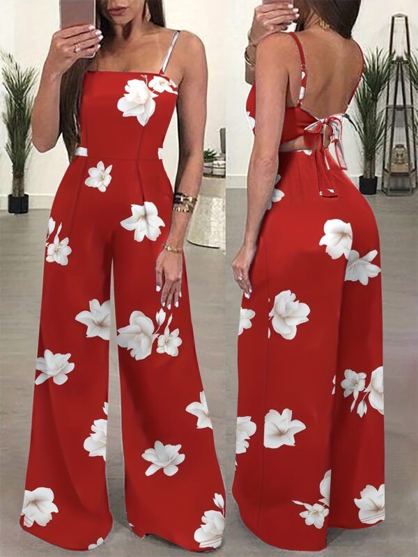Elegant Floral Print Women'S Jumpsuit - Sleeveless Wide-Leg Romper with Tie-Waist Detail, Vibrant Red & White Hibiscus Design, Perfect for Summer Outings, Adult Fashion, Casual Summer Wear | Floral Print Jumpsuit | Wideleg Jumpsuit