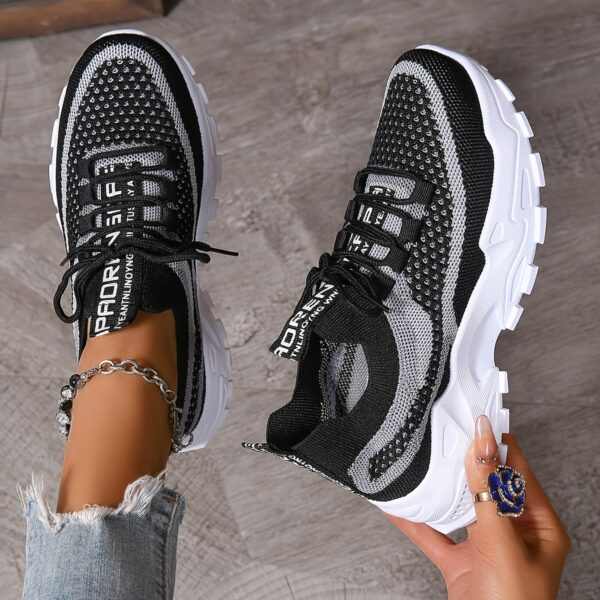 Women's Fashion Breathable Mesh Sneakers - Comfortable Low-Top Casual Lace-Up, Thick Sole Sneakers in Black/White, Beige/Grey, and Blue/Pink, Geometric Pattern, All-Season Wear - Image 9
