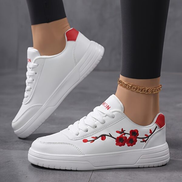 Women'S Floral Embroidered White Sneakers - Low-Top Lace-Up Casual Shoes with Pink Accents, Breathable Fabric Lining & Cushioned PHYLON Sole for All-Season Comfort, Running, Travel, Casual Attire, Ladies Sneakers, Travel Footwear, Elegant Footwear, Durable Footwear - Image 4