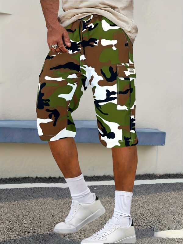 A Pair of Mid to Long Casual Pants with a Camouflage Pattern, Featuring Large Pockets And Patched Pockets with Tags. The Waist Has a Drawstring Design. - Image 3