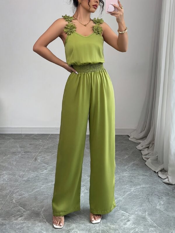 Women'S Solid Color Sleeveless Jumpsuit with Ruched Waist and Floral Embellishments - Wide Leg, V-Neck, Perfect for Summer and Holiday, Holiday Jumpsuit | Floral Embellishments | Ruched Waist Design, Jumpsuit - Image 4