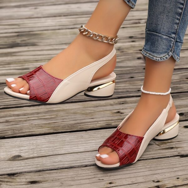 Women's Stylish Open Toe Sandals - Black & Crocodile Pattern Chunky Heel Shoes, Mid-Height Summer Casual Wear with Rubber Sole, Strappy Sandals - Image 16