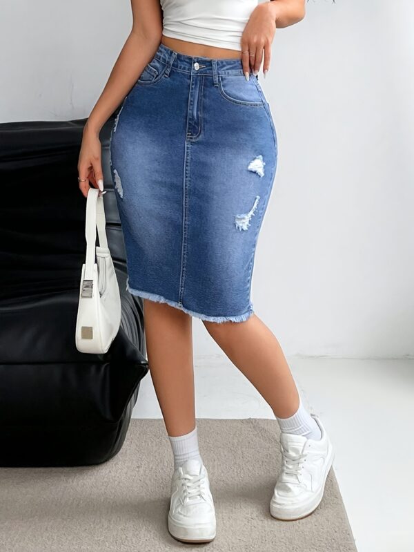 Women's Casual Distressed Knee-Length Denim Skirt - Mid-Stretch Machine-Washable Pencil Skirt for Spring Summer Fall, Regular Fit Solid Color Casual Attire, Seasonal Fashion, Medium Elasticity - Image 2