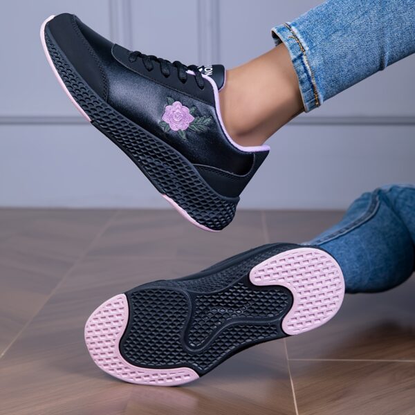 Women'S Black Sneakers with Pink Rose Embroidery - Lightweight, Soft Sole, Comfortable Lace-Up Low Top Sneakers, All-Season Outdoor Shoes, Stabilizing Support, Microfiber Leather Upper, EVA Sole, Fabric Lining, Allseason Sneakers | Rose Embroidery Sneakers | Comfortable Footwear - Image 8