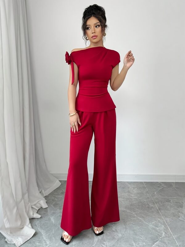 Women'S Chic Solid Color Off-Shoulder Top with Floral Detail & Wide-Leg Pants - Stylish Two-Piece Set with Belt, Allseason Wear, Stylish Two Piece Set|Floral Accent Top|Adjustable Waist Pants, Floral Print Pants - Image 4