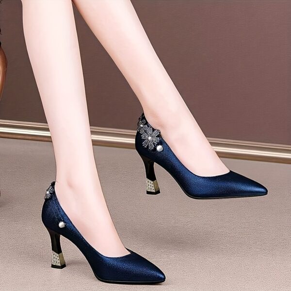 Elegant Navy Blue Pointed-Toe Pumps for Women - Chunky Heel, Fabric Upper with Floral Embellishments, Comfortable Rubber Sole, Perfect for Fall Fashion, Formal Footwear | Floral Embellished Shoes | Durable Footwear - Image 7