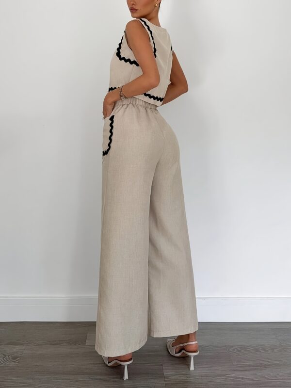 Women'S Summer 2pcs Set, Contrast Trim Blouse and Loose-Fitting Pants, Perfect for Daily Wear, Office, and Commuting, Casual Attire|Contrast Trim Top|Loose Fit Pants - Image 2