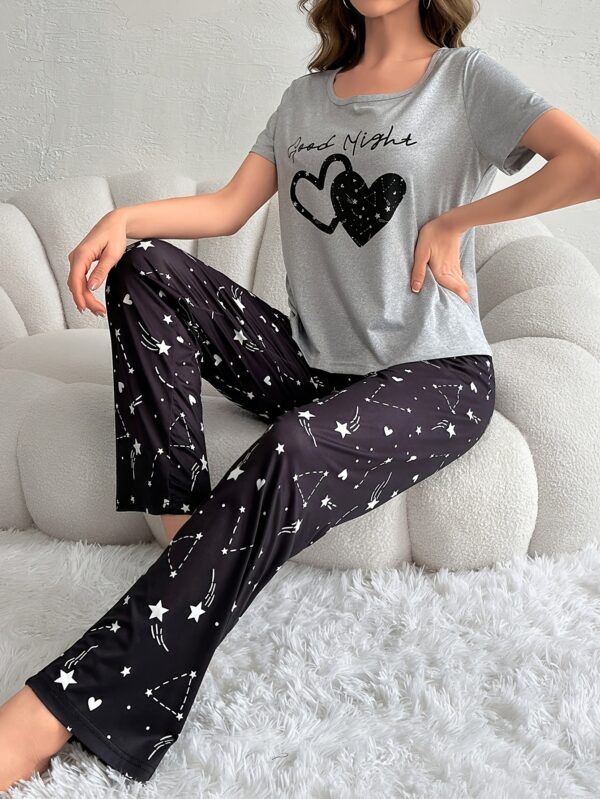 Heart & Star & Letter Print Pajama Set, Casual Short Sleeve Round Neck Top & Elastic Pants, Women's Sleepwear - Image 13