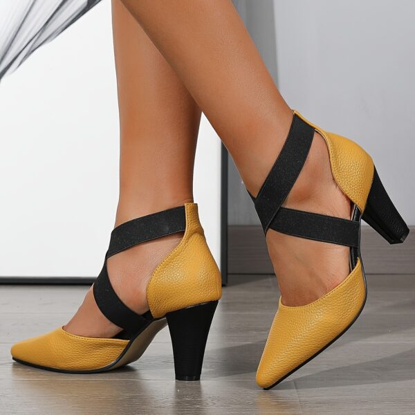 1 Pair Elegant Solid Color D'Orsay High Heels for Women - Pointed Toe, Block Heel, All-Season, Fashionable Hollow Strap, Contrast Color, Non-Slip Rubber Sole, PU Upper/Inner/Insole - Versatile for Evening Dresses and Parties - Image 5