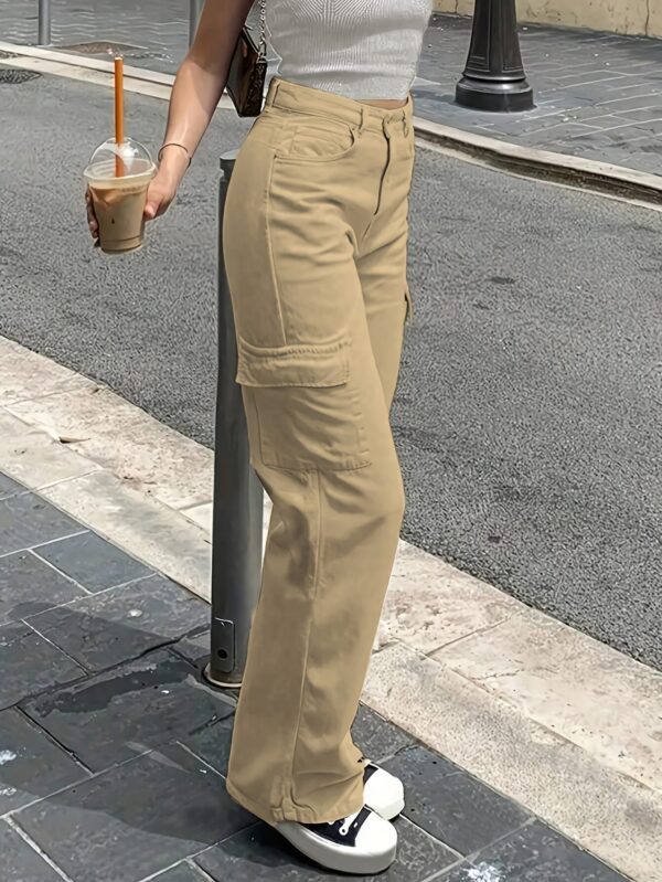 Women'S Casual Solid Cargo Pants, Polyester High Waist Wide Leg Pants with Pocket, All-Season Woven Fabric, 150g/㎡ Weight - Image 17