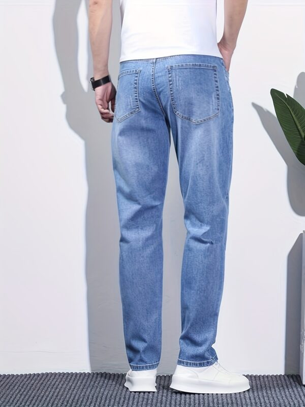 Men's Classic Blue Jeans - Lightweight Stretch Denim, Slim Fit Straight Leg with Pockets, Machine Washable, Versatile for Everyday & Outdoor Wear, All-Season Comfort, Polyester Blend, Mid-Rise Design - Image 7