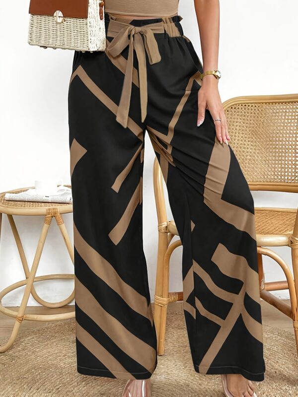 Women's Elegant Casual Geometric Print Wide-Leg Pants with Adjustable Tie Waist - Loose Fit Non-Stretch Machine Washable Trousers for Spring/Summer, Brown & Black Abstract Pattern, Summer Trousers, No Stretch Fabric - Image 3
