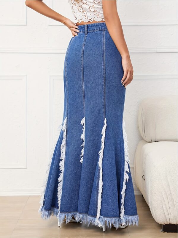 Elegant High Waist Fringe Trim Mermaid Denim Skirt, Raw Hem Long Maxi Jean Skirt with Solid Color Woven Fabric, Non-Stretch Cotton Blend for Spring/Summer/Fall - Maxi-Length Mermaid Tail Skirt - Image 2