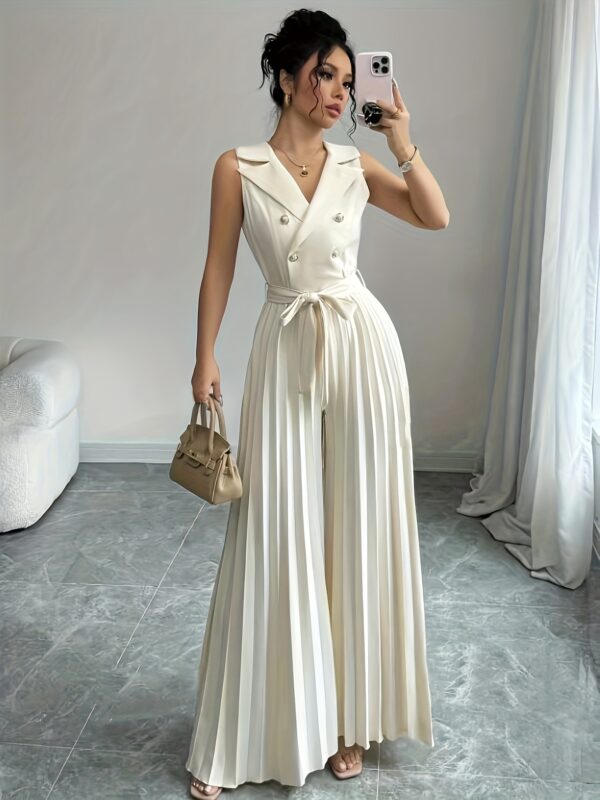 Women's Elegant Double-Breasted Pleated Jumpsuit - Sleeveless, Tie-Waist, V-Neck, Semi-Sheer Polyester - Beige, All-Season, Machine Washable, Versatile Clothing | Tiewaist Fashion | Sophisticated Look