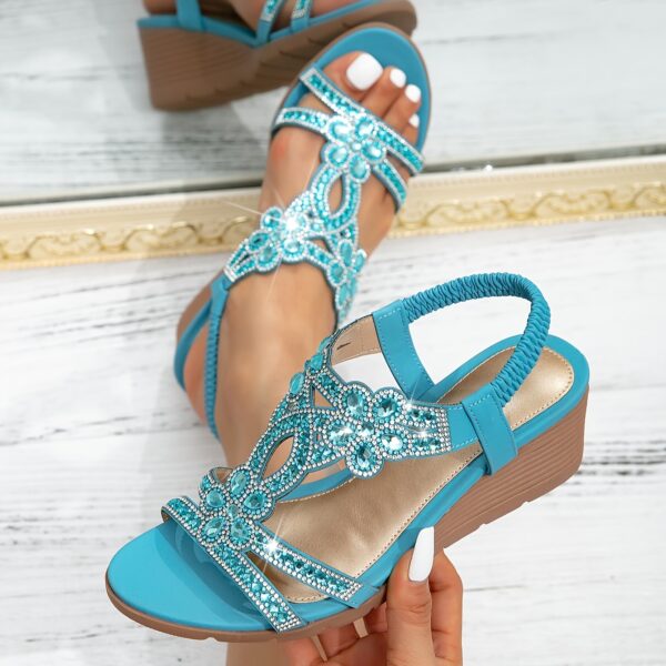 Vibrant Comfort | Bohemian Style Women's Rhinestone Wedge Sandals, Open Toe Platform Heel with Elastic Strap, Summer Beach Music Festival Slip-On Shoes, Man-Made Upper/Inner/Insole, TPR Sole, Beach Sandals | Toe Post Sandals | Decorative Sandals - Image 7