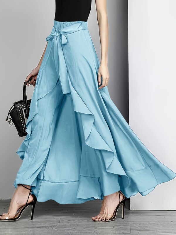Women'S Light Blue Ruffle Hem Maxi Pants - Casual Solid Color Straight Leg with Belt Detail, Flowy Design for All Seasons, Polyester Fabri