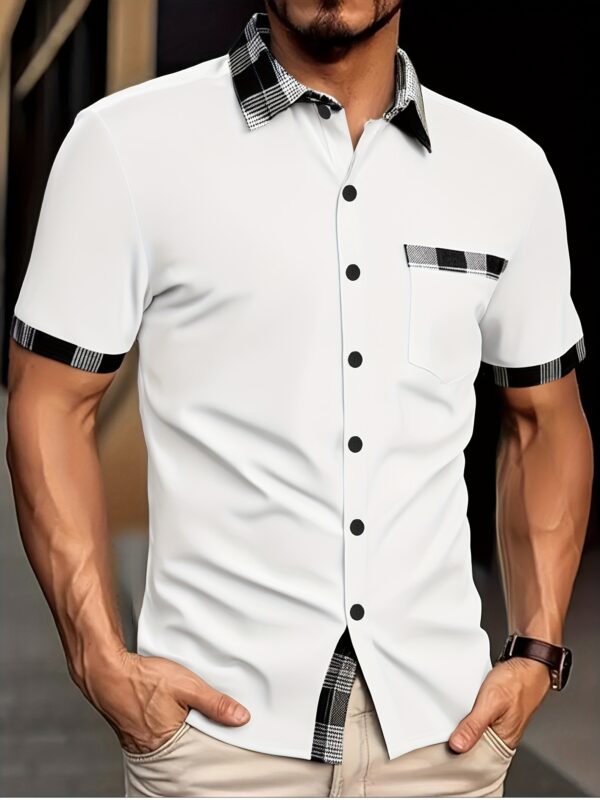 Men's Summer Casual Shirt - Plaid Design Short Sleeve Button-Up with Chest Pocket, Breathable Regular Fit for Streetwear & Couple Dating, Machine Washable, Shirts for Summer - Image 4