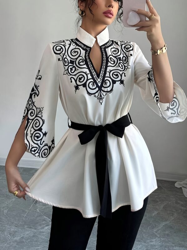Women's Elegant Printed Loose-Fit Mid-Length Shirt with Waist Tie