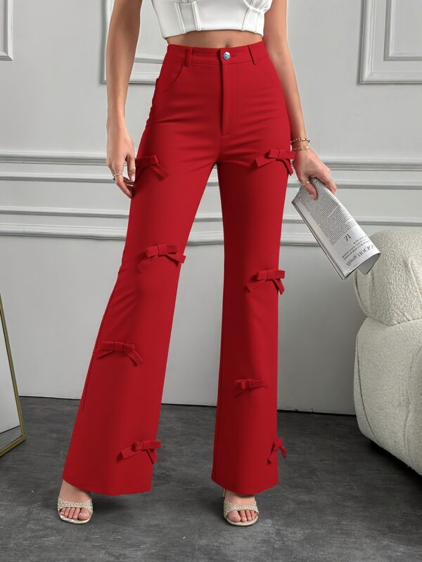Women's High-Waisted Wide-Leg Trousers - Solid Red Elegant Loose Fit Pants with Bow Accents, Machine Washable All-Season Comfort for Casual & Formal Wear, High Waist Pants, Comfortable Fashion, Durable Fabric