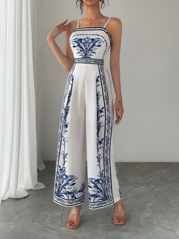 Women'S Elegant Sleeveless Floral Print Jumpsuit - Lightweight Polyester, V-Neck with Spaghetti Straps, Perfect for Spring/Summer Vacation, White with Blue Floral Design, Vacation Wear | Floral Print Jumpsuit | Lightweight Jumpsuit - Image 3