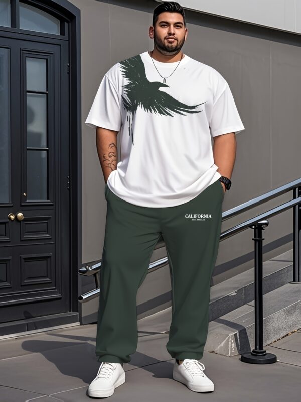 Two-Piece Set with Eagle Spread Wings Pattern Letter Print Short Sleeve Long Pants, Plus Size Men's Home Leisure Outdoor Sport Outfit, Comfortable Stretch Fabric, PLUS SIZE - Image 2