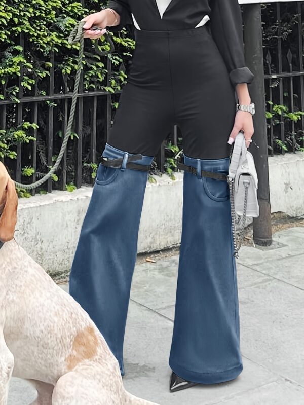 Women'S High-Waist Color Block Flare Pants - Sexy Black & Blue Wide-Leg Trousers with Adjustable Waist Straps, Pockets, and Button Details for Casual or Formal Outfits, High Waisted Pants, Formal Attire, Stylish Waistband, Durable Fabric - Image 16