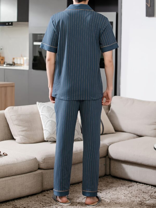 2 Pcs Men's Simple Navy Blue Stripe Print Lapel Collar Short Sleeve & Trousers Cotton Pajama Set, Comfortable & Skin-friendly Style Pajamas For Men's Cozy Loungewear - Image 6