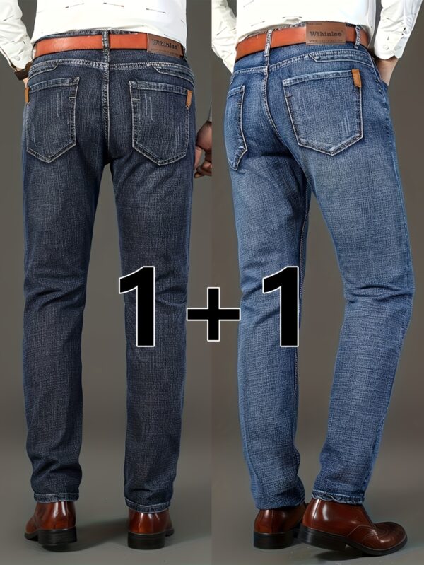 2 Pcs Men's Solid Denim Pants With Pockets, Formal Cotton Blend Jeans For Outdoor Activities - Image 2