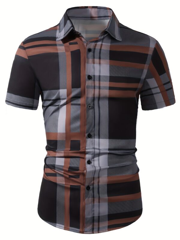 Men's Plaid Design Short Sleeve Lapel Shirt Top, Male Casual Button Up Shirt For Summer Daily Wear