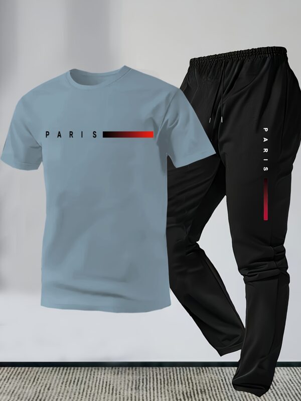 Men's Letter Print Short Sleeve Long Pants Loungewear Set - Image 6