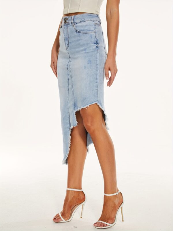 Women's Stretch Denim Midi Skirt with Asymmetrical Hem - Mid-Rise, Frayed Edges, Light Wash, Blend, Spring/Summer Casual Style - Image 4