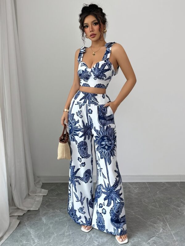 Women'S Elegant Floral Print Sleeveless Maxi Pants Set - Blue and White, Polyester, Perfect for Vacation, Spring/Summer, Casual Style, Casual Attire|Floral Print Top|Polyester Fabri - Image 9