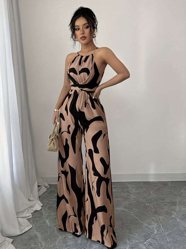 Women'S Elegant Halter Neck Jumpsuit with Tie Waist & Wide-Leg Print - Brown & Black Geometric Pattern, Sleeveless Ruched Design for Vacation & Casual Wear, Vacation Outfit, Stylish Backless, Comfortable Fit - Image 5
