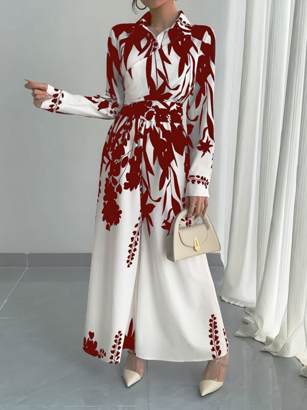 Women's leaf print shirt collar jumpsuit, long sleeve tie waist jumpsuit - Image 7