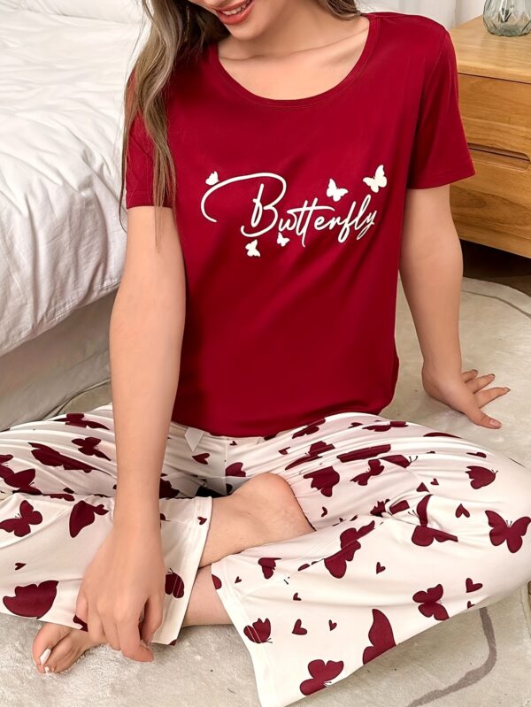 Women'S Casual Pajama Set with Red Butterfly Print and Letter Design, Long Pants, Round Neck - Comfortable and Stylish Sleepwear for All Seasons, Everyday Loungewear|Playful Pajama Set|Butterfly Print Pants - Image 13