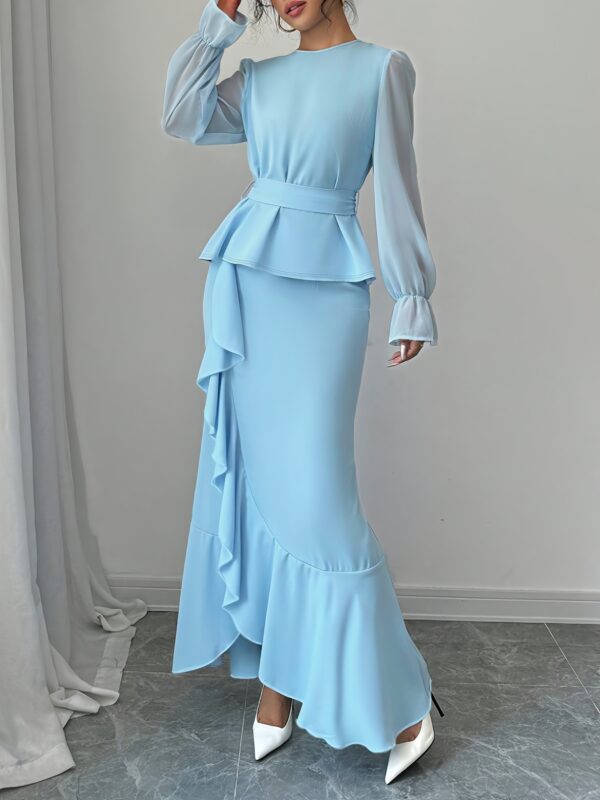 Women'S Elegant Two-Piece Solid Color Outfit - a Chic Blue Midi Dress with Ruffle Detail And a Long Sleeve Blouse, Perfect for Spring/Summer, Commuting Attire|Ruffle Detail Top|Asymmetric Hemline, Dress