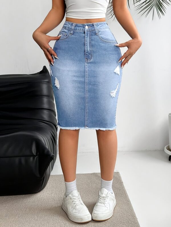 Women's Casual Distressed Knee-Length Denim Skirt - Mid-Stretch Machine-Washable Pencil Skirt for Spring Summer Fall, Regular Fit Solid Color Casual Attire, Seasonal Fashion, Medium Elasticity - Image 9