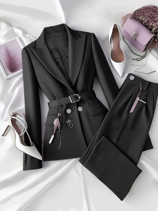 Elegant Solid Color Urban Commuting Suit for Women with Belt and Pants, Perfect for Spring/Summer, Includes Shoes and Clutch, Office Ready Attire|Sophisticated Style|Pocketed Pants - Image 4