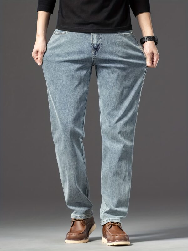 Men's Vintage Blue Loose-Fit Jeans - Classic Straight Denim with Stretch, Non-Transparent Geometric Pattern, All-Season Wear, Cotton/Elastane/Polyester Blend - Image 8
