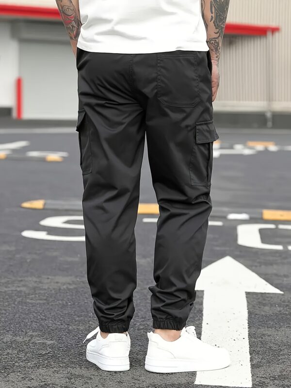 Men'S Casual Solid Color Cargo Pants, Multi-Flap Pocket Drawstring Trousers, Loose Fit Outdoor Work Pants, Streetwear Hip-Hop Style, 100% Polyester, Non-Stretch Woven Fabric, 190gsm - Regular Fit - Image 10
