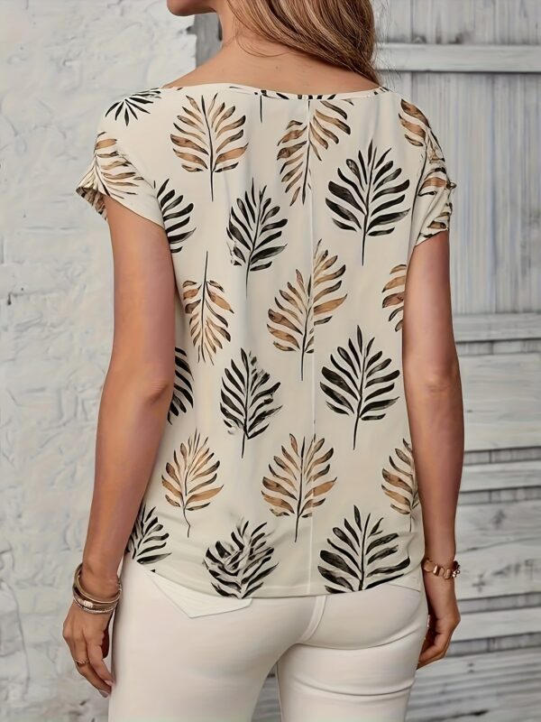 Women'S Elegant Leaf Print Short Sleeve Blouse - Casual Crew Neck, Lightweight Polyester, Perfect for Spring/Summer Outings, Everyday Fashion Top | Trendy Shirting Style | Feminine Aesthetic - Image 7