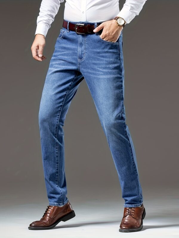 Men's Light Blue Straight Leg Jeans - Casual Business Denim, Mid-Rise, Stretch Fit, Versatile & Comfortable for Casual Attire - Image 3
