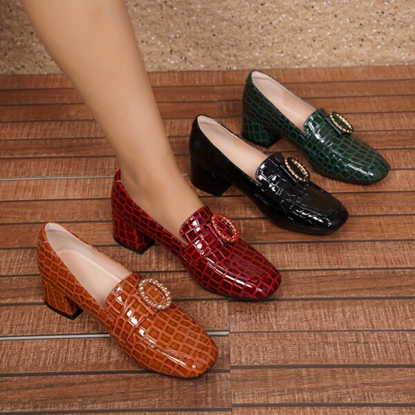 Women's European-Inspired Square-Toe Mary Jane Shoes with Crystal Accents - Lightweight Synthetic Cover Mid Block Heel, All-Season Comfort & Non-Slip Rubber Sole - Red/Green/Black, Semiformal Footwear, Sophisticated Shoe Design, Textured Shoe Surface