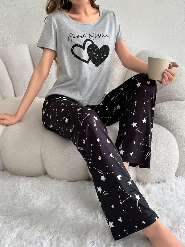 Heart & Star & Letter Print Pajama Set, Casual Short Sleeve Round Neck Top & Elastic Pants, Women's Sleepwear - Image 7