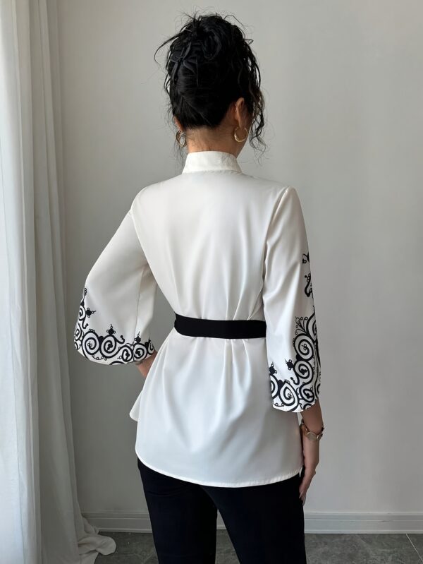 Women's Elegant Printed Loose-Fit Mid-Length Shirt with Waist Tie - Image 2