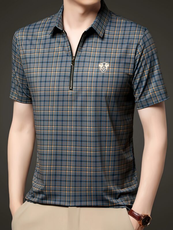 Men's Summer Casual Shirt - Dual-Sided Digital Plaid Print, Stretch Fabric & Golden Zipper Accents, Breathable Short Sleeve H-Fit for Outdoor Activities - Image 5