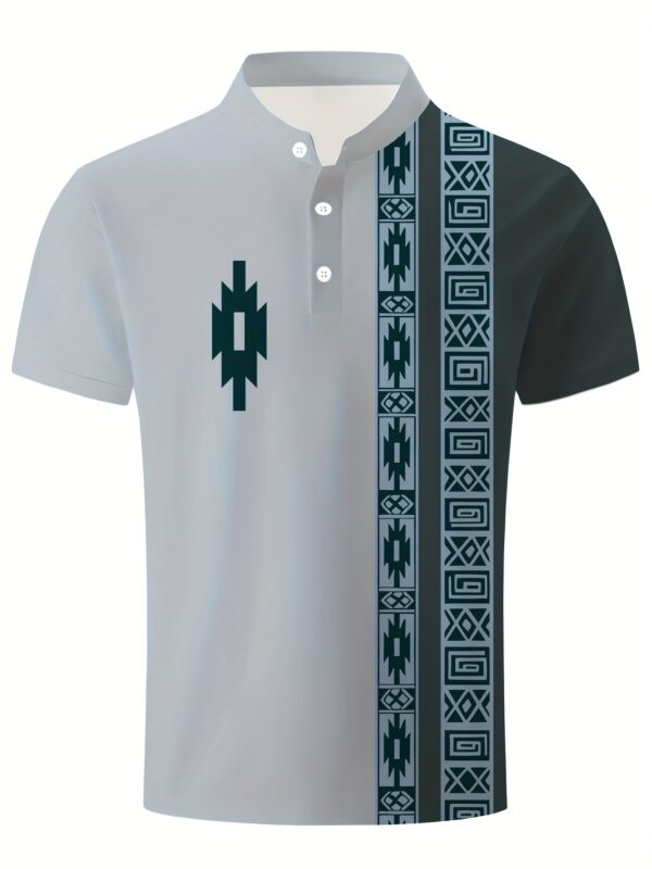 Men's Summer Casual Shirt - Ethnic Geometric Contrast Color Block Design, Asymmetrical Print, Stand-Up Collar & Button Detail, Breathable Short Sleeve for Business Casual & Casual Attire, Durable Fabric Tee, Machine Washable Top - Image 9